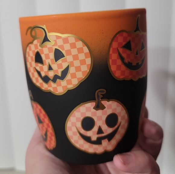 Cobwebs & Cauldrons Orange Checkered Pumpkins Halloween Mug - Picture 2 of 6